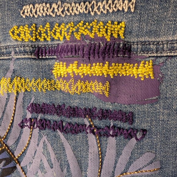 Chico's Tropical Embroidered Denim Jacket Small Blue Floral Boho Jean Coat - Picture 9 of 13